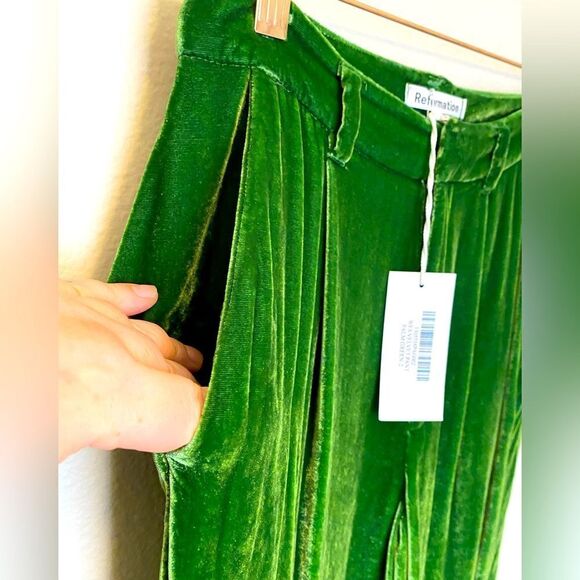 Reformation Velvet Wide Leg Pants trousers Size 2 Kelly Green Boho Luxe pockets - Picture 5 of 11